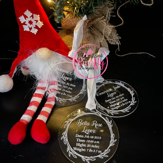 Personalized Birth Announcement Ornament: Custom Engraved Clear Acrylic with Cute Wreath Design