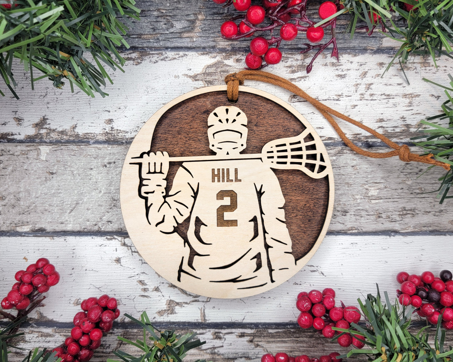 Personalized Wooden Lacrosse Christmas Ornament