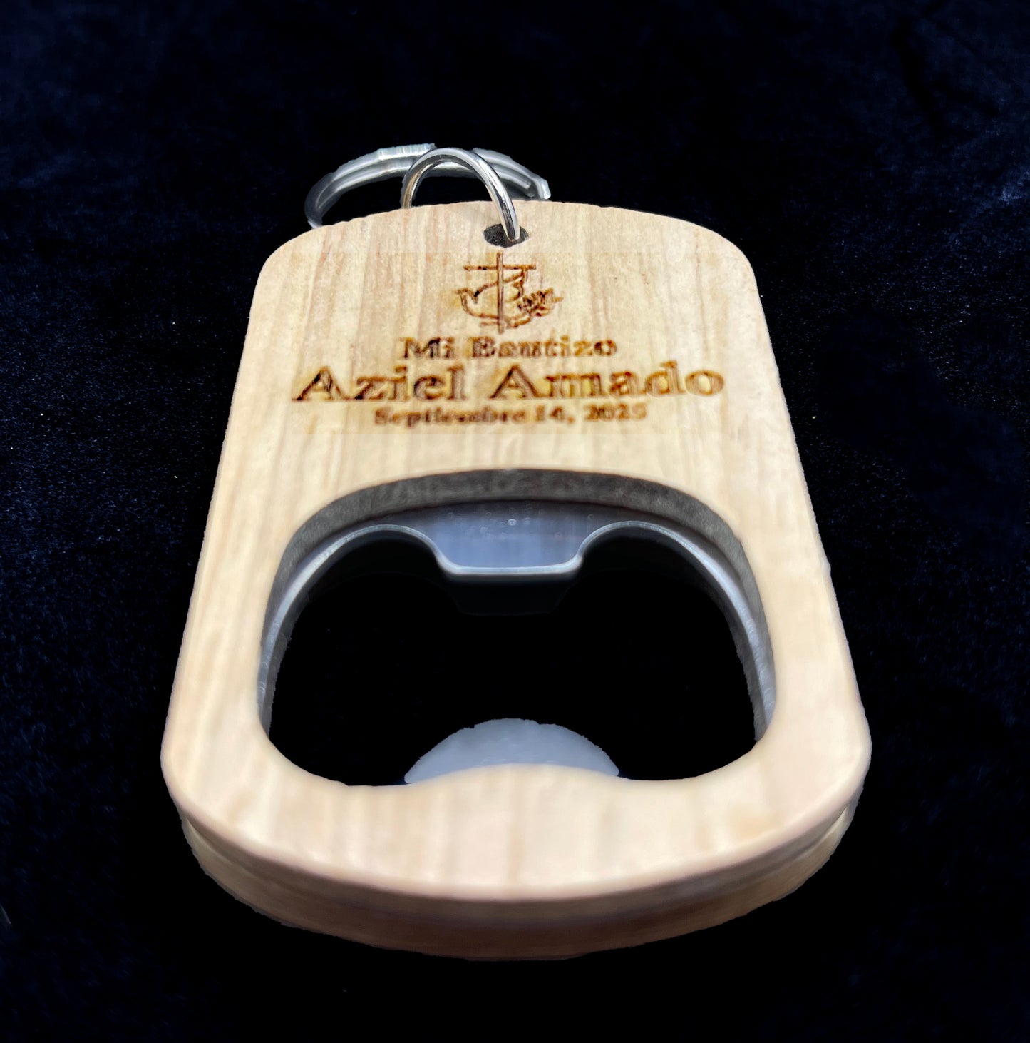Customizable Wooden Bottle Opener Key Chain Cross and Holy Spirit
