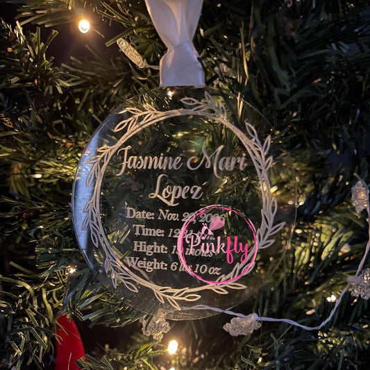 Personalized Birth Announcement Ornament: Custom Engraved Clear Acrylic with Cute Wreath Design