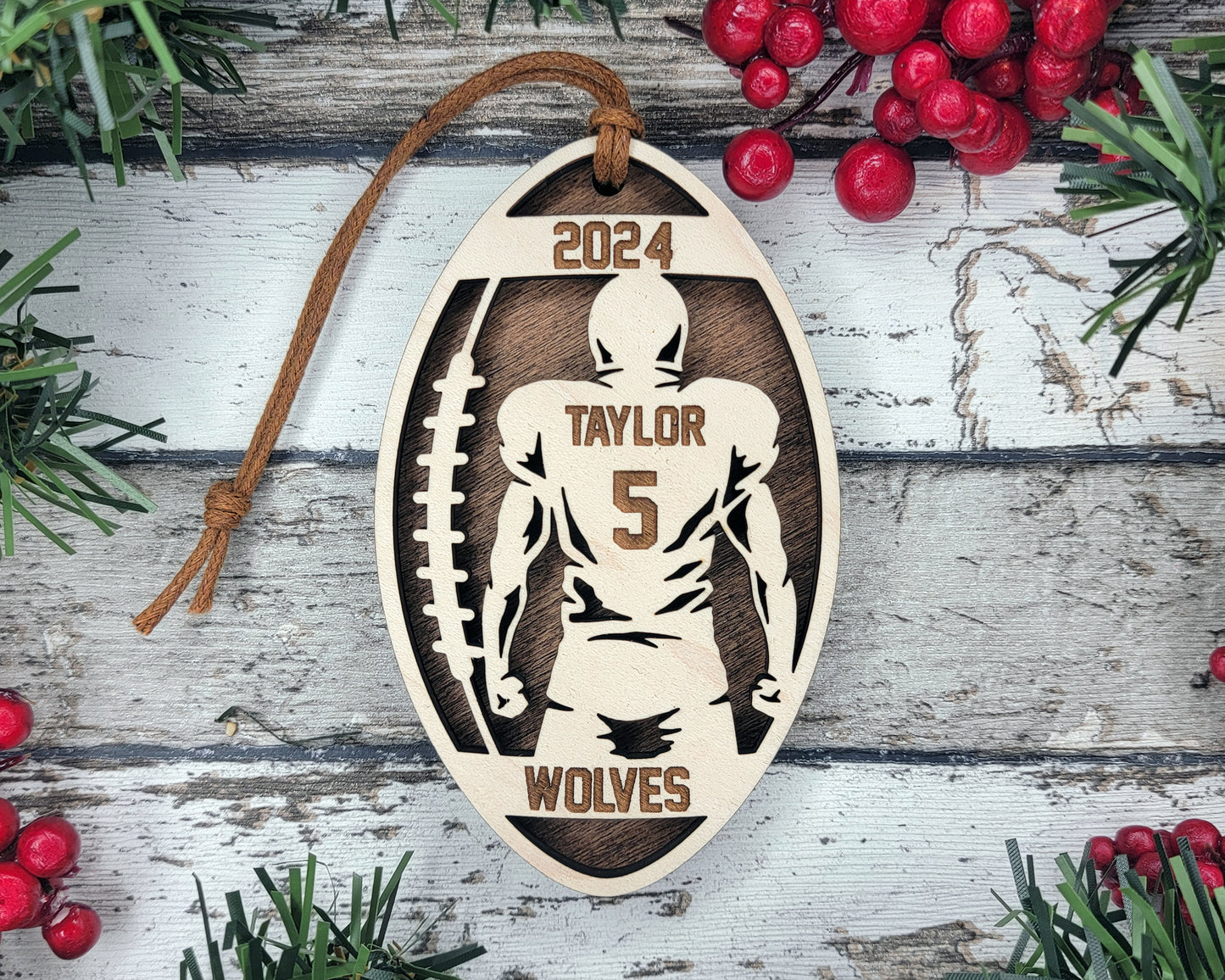 Personalized Wooden Football Christmas Ornament