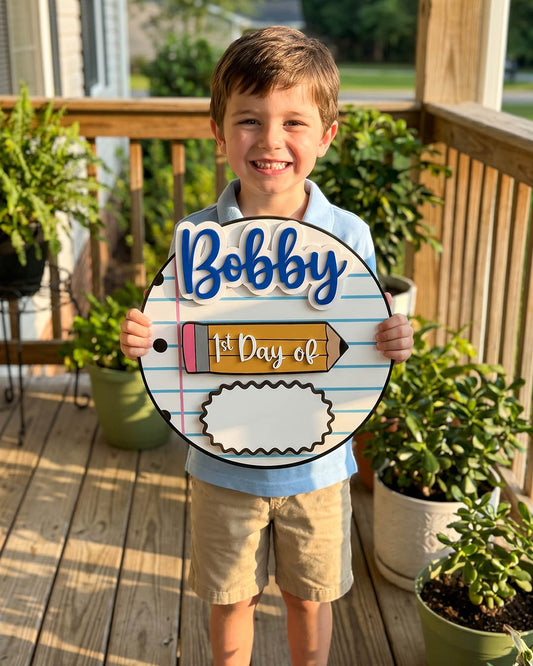 First Day Last Day of School Sign - Notebook Paper, Interchangeable Name, Dry Erase Grade, 11" Round