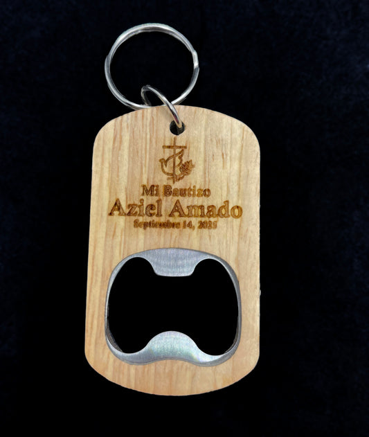 Customizable Wooden Bottle Opener Key Chain Cross and Holy Spirit