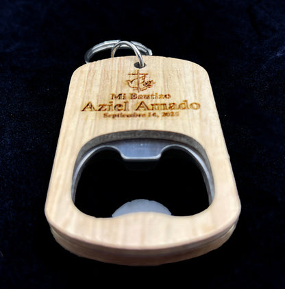 Customizable Wooden Bottle Opener Key Chain Cross and Holy Spirit