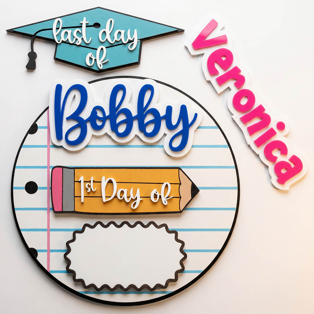 First Day Last Day of School Sign - Notebook Paper, Interchangeable Name, Dry Erase Grade, 11" Round